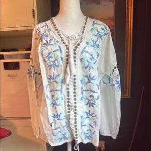 Embroidered White and Blue Women's Top